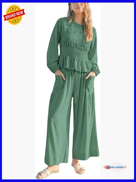 Pants - Women's Smocked Top & Wide Leg Pants Set Lounge Outfit with Pockets